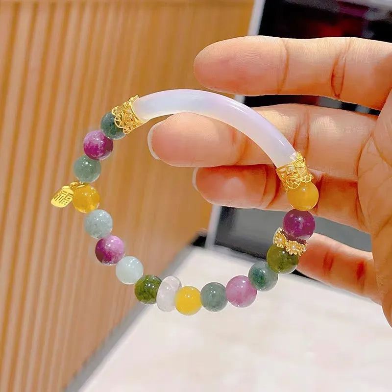 Women's tourmaline half bracelet with rainbow electroplated colour accents on natural stone beads