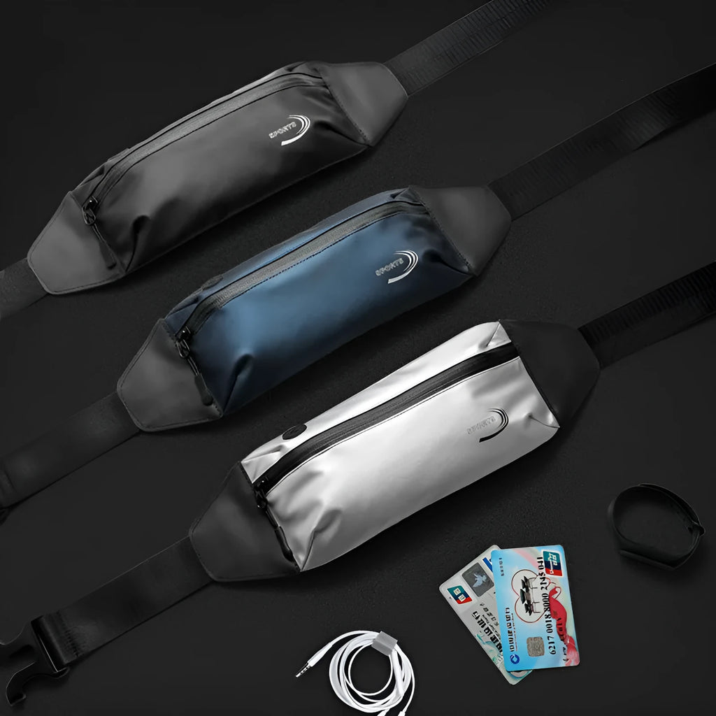 A man's waterproof polyester waist bag in a solid colour, shown with its compact dimensions.