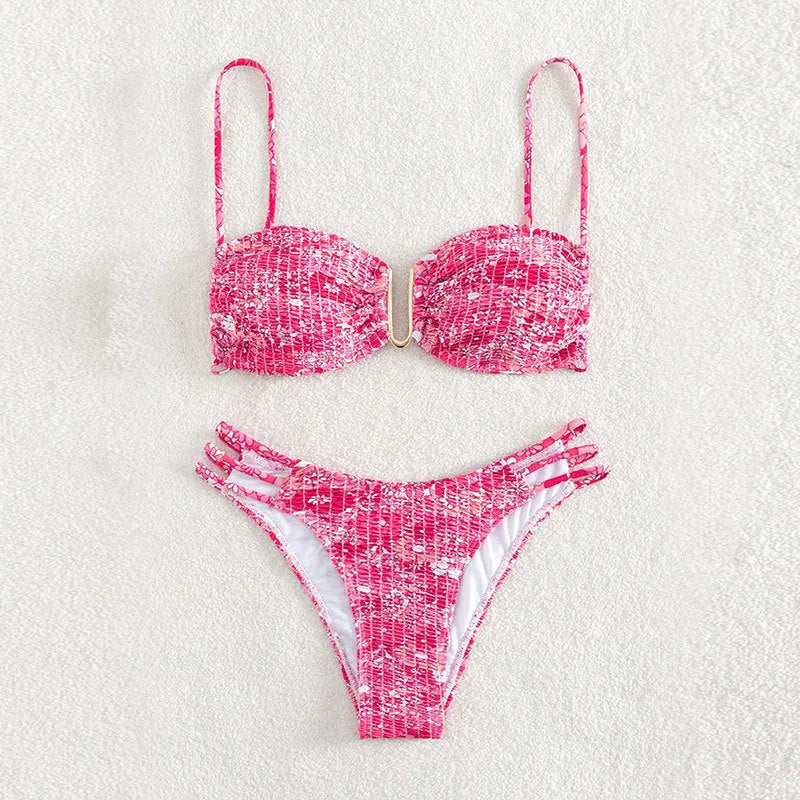 Women's floral print bikini swimsuit with high-waisted briefs in orange, blue, and rose red colours
