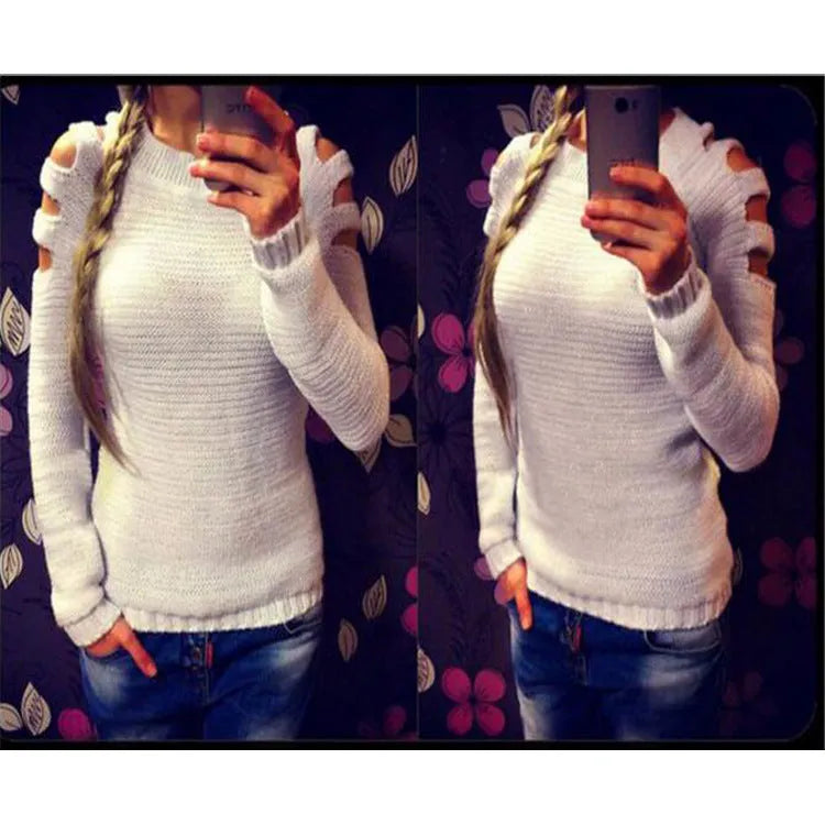 Women's white crocheted hollow-out long-sleeved pullover shirt with round neckline