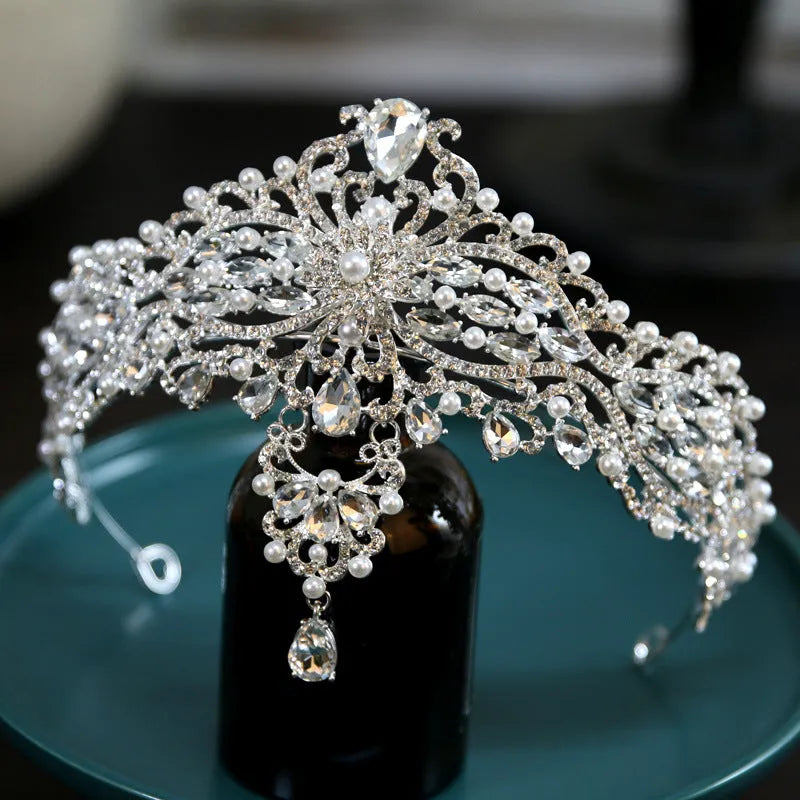 Baroque bride crown headwear silver alloy with electroplated finish dotted pearl and quota decoration 15cm diameter 7.5cm height