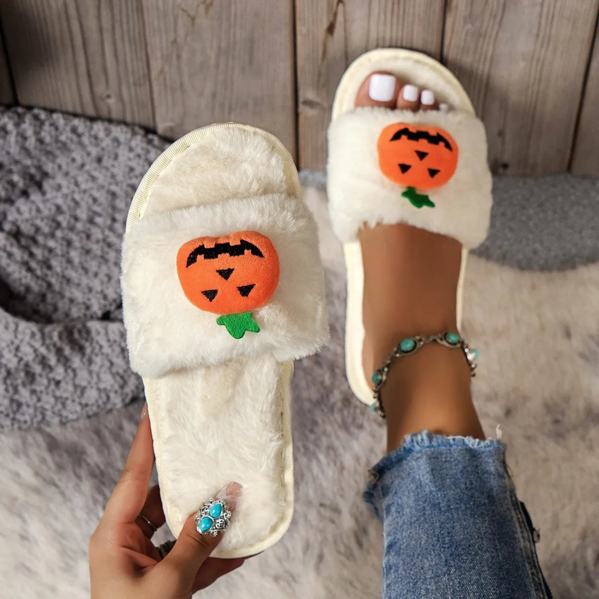 White and yellow pumpkin plush open-toe slippers with anti-slip PVC soles