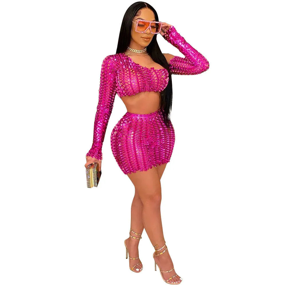 Women's black two-piece dress set with net hole hollow-out design on sleeveless top and short skirt