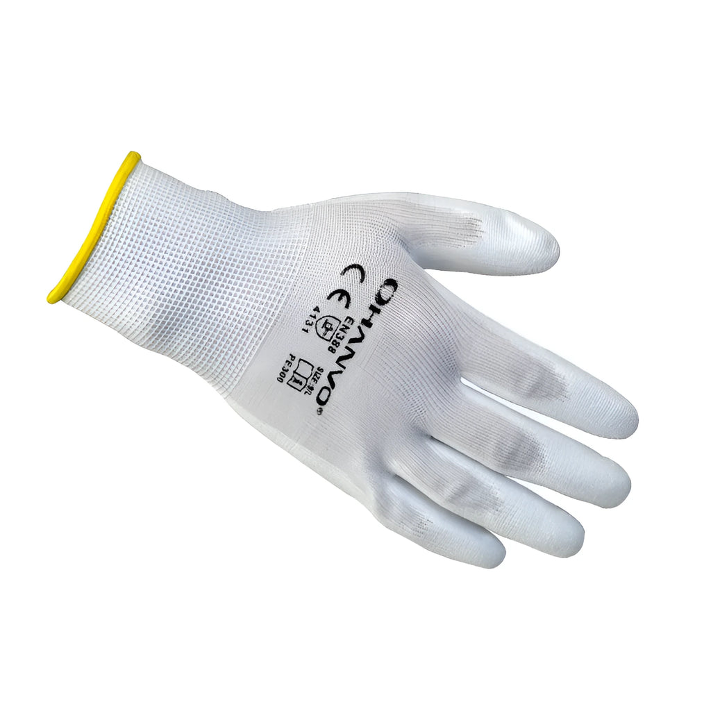 White PU coated labour gloves showing textured palm and flexible design, laid flat.