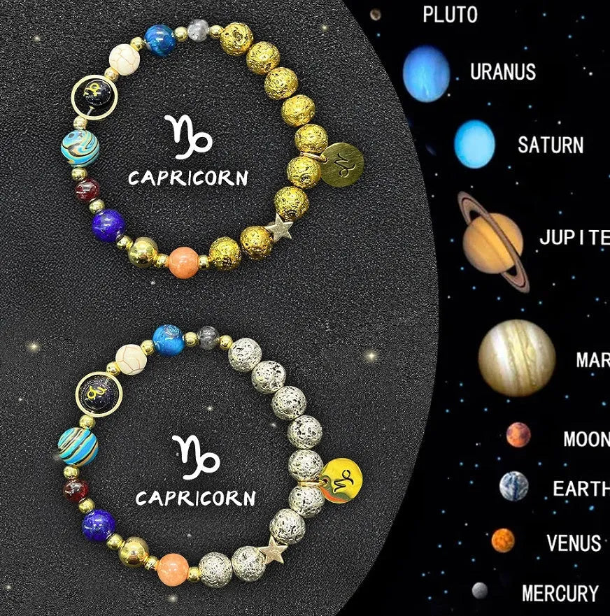 Two natural stone zodiac charm bracelets with elastic threads showing different zodiac symbols