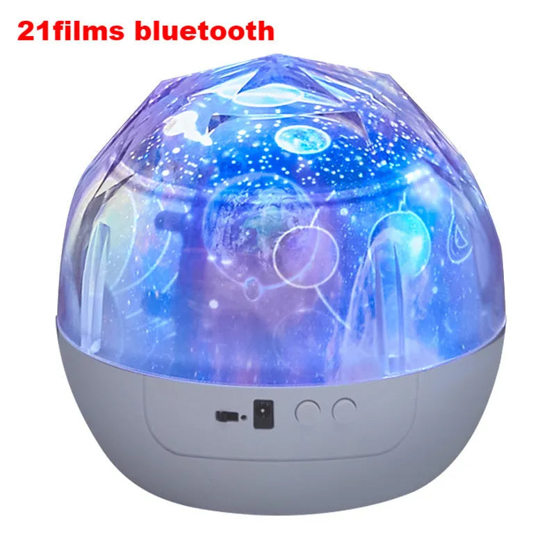 Starry sky projection lamp showing cosmic film image with plastic housing and push button.