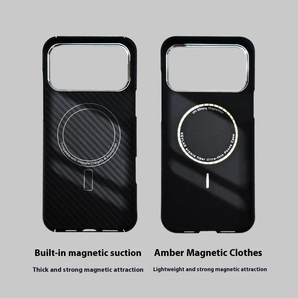 Black aramid fibre magnetic phone case with 6D micro relief lattice pattern for Apple iPhone 17 series