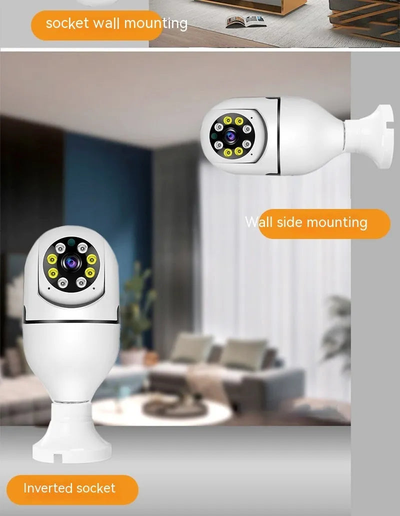 Wireless bulb security camera showing compact design with 1080p and night vision capabilities