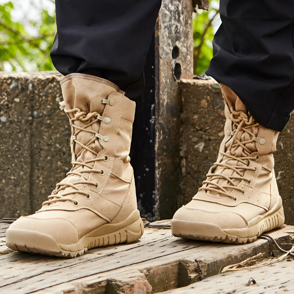Yulong tactical combat desert boots in black and sand colour options for outdoor sports.