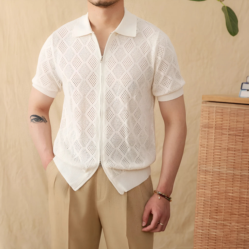Light brown cotton short sleeve cardigan with zip front and lapel collar laid flat