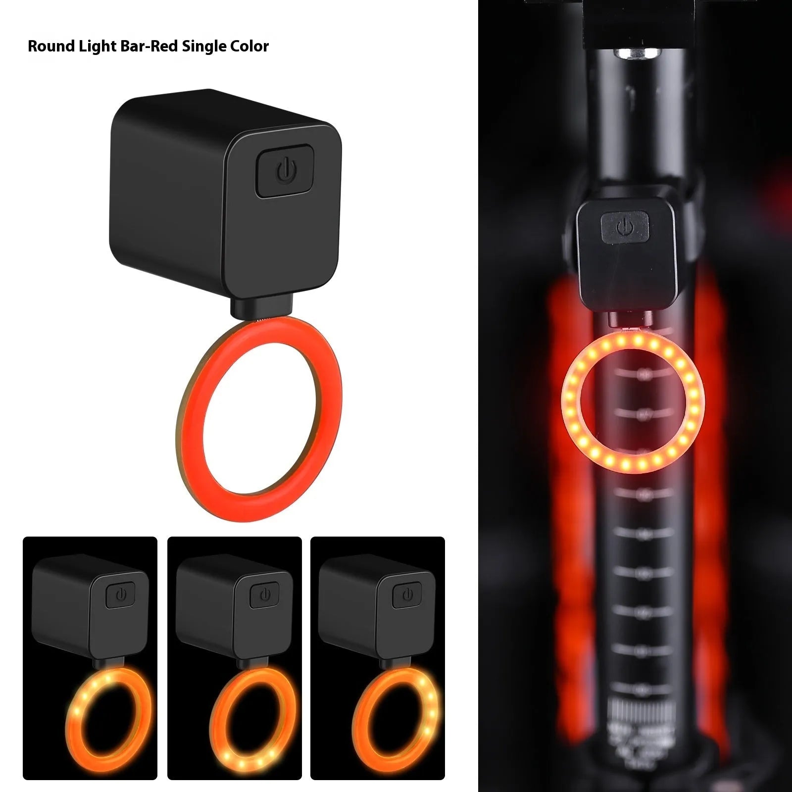 Plug-in bicycle safety taillight with running water LED flashing sequence mounted on a bike seat tube.