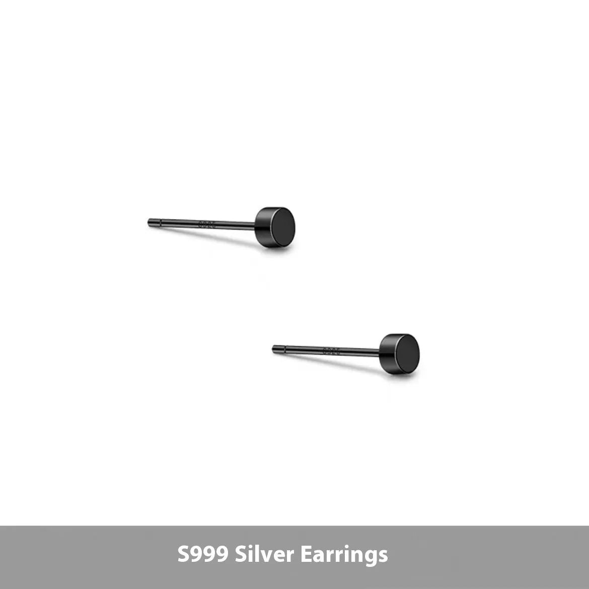 A pair of S999 sterling silver round flat stud earrings on a plain background, showing silver and black colour options.
