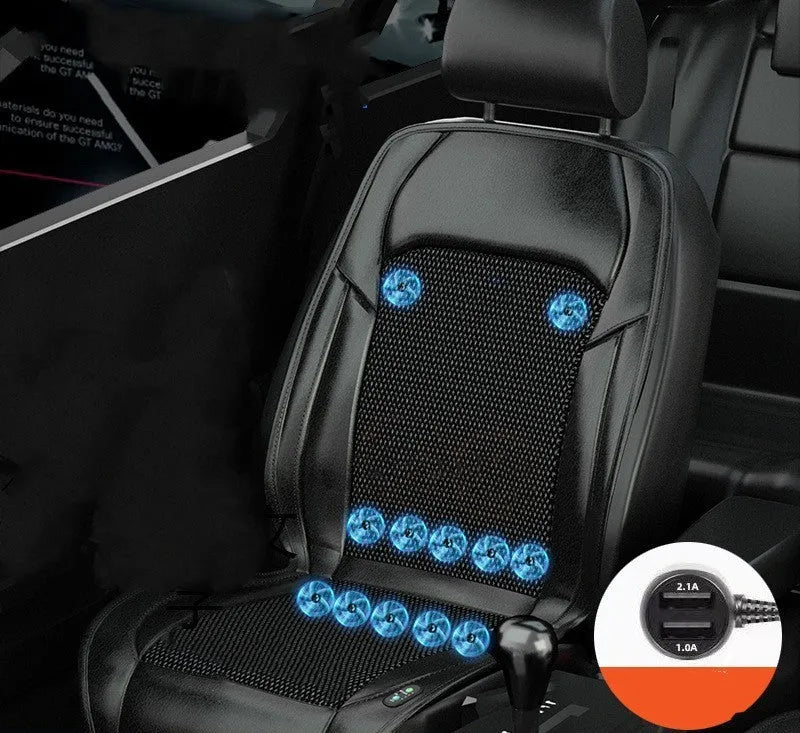 Black ventilated car seat cushion with multiple cooling fans, plugged into a 12V car socket.