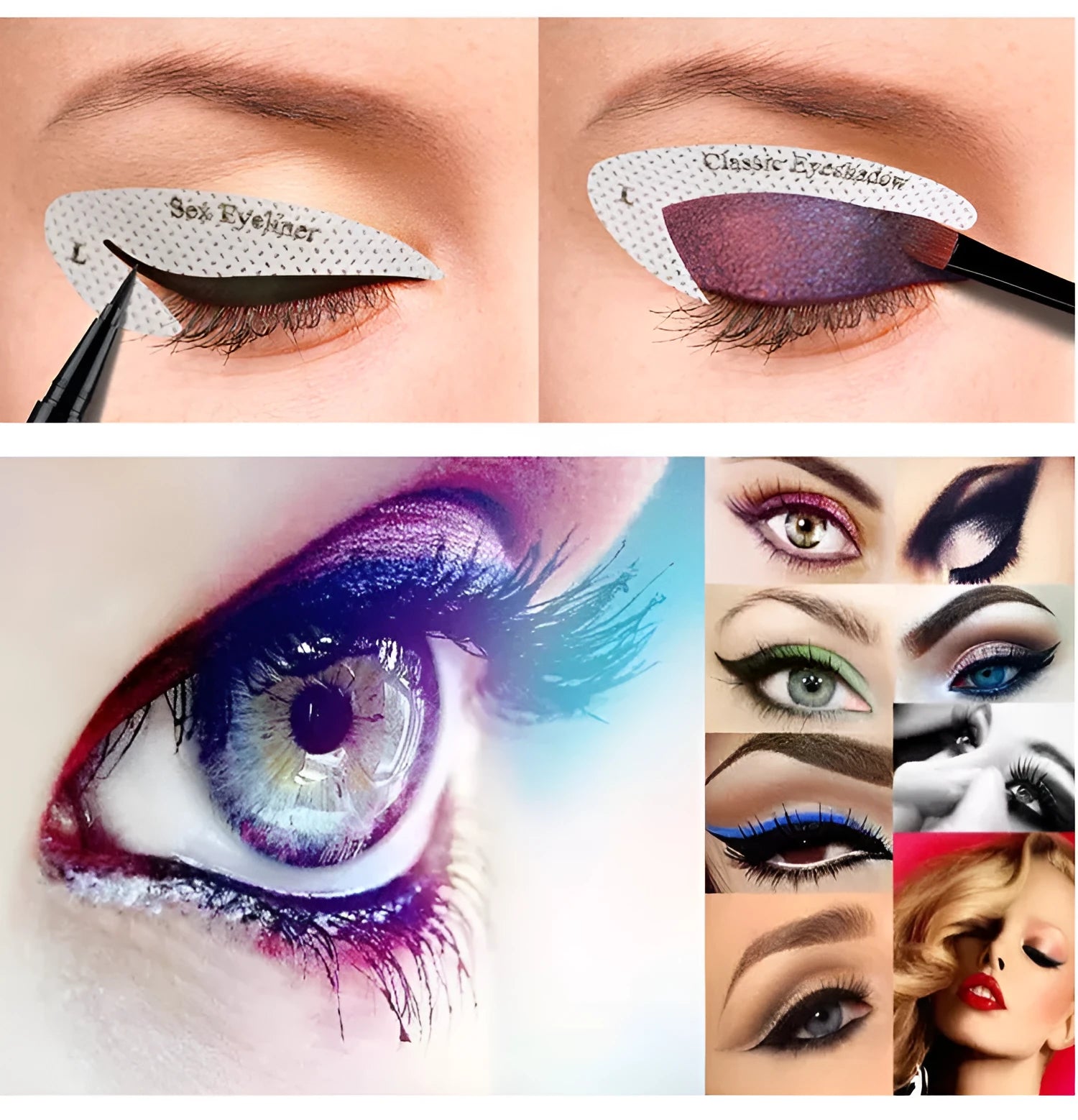 Four reusable eyeliner sticker templates for eye makeup application on pink background