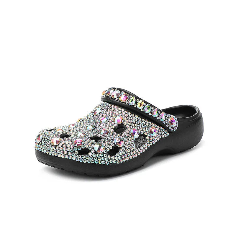 Black women's platform sandals with rhinestone detailing and perforated EVA upper
