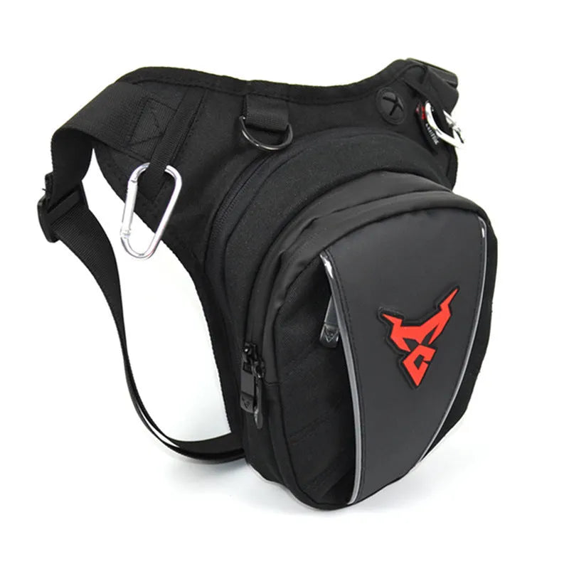 Red 0105MC motorcycle leg bag made of 1200D Oxford cloth with crossbody strap.