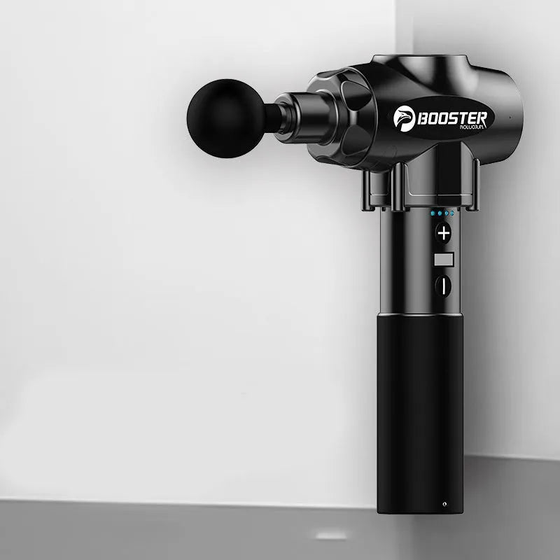 Black and white handheld percussion massage gun with 12mm stroke depth.