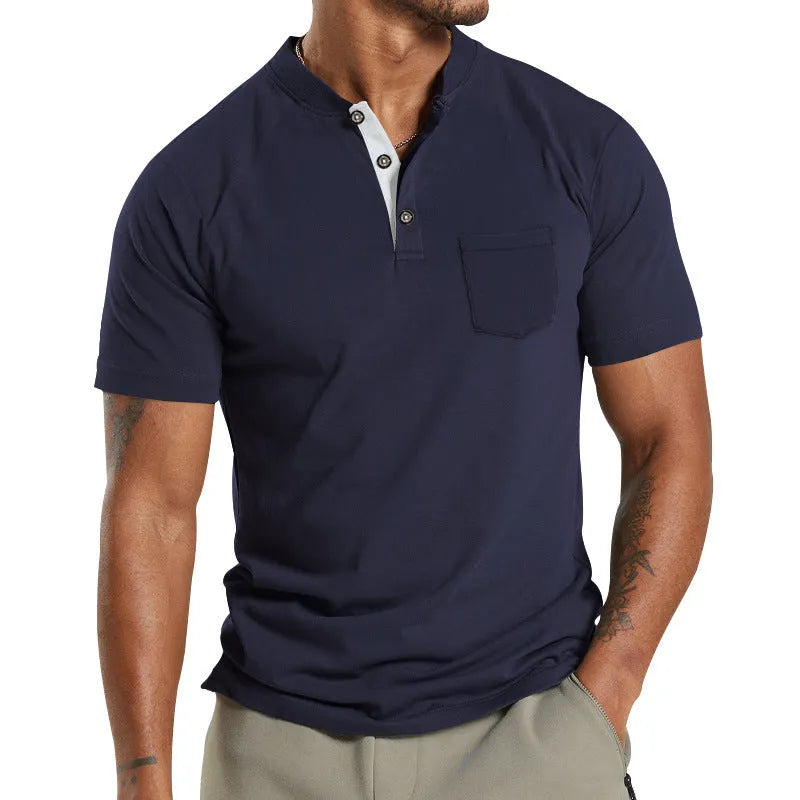 Men's plus size short sleeve button pocket shirt in solid colour polyester fabric.