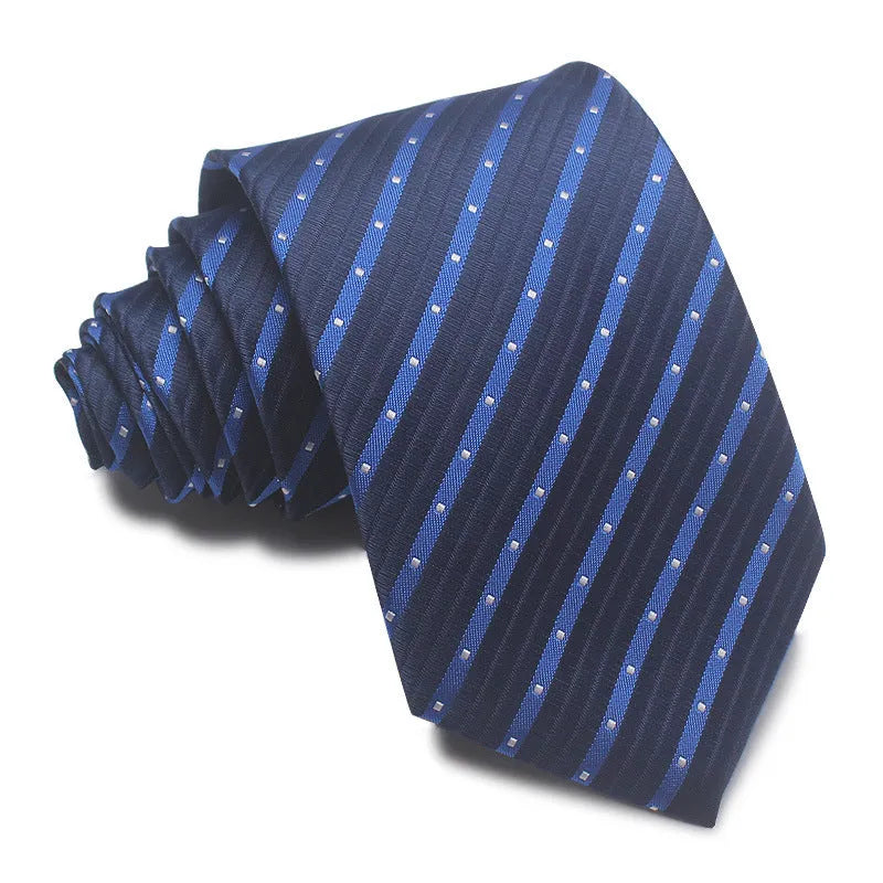 8CM wide polyester jacquard striped business tie in arrow style showing red, black, and blue colour options