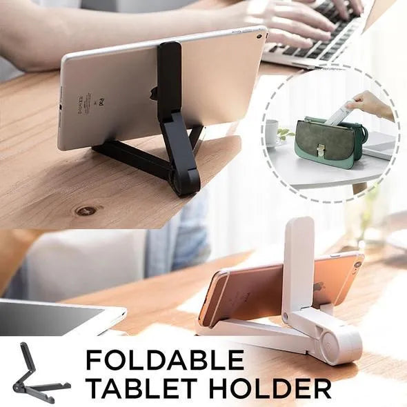 Black foldable tablet holder standing upright with a tablet device resting on its non-slip rubber surface.