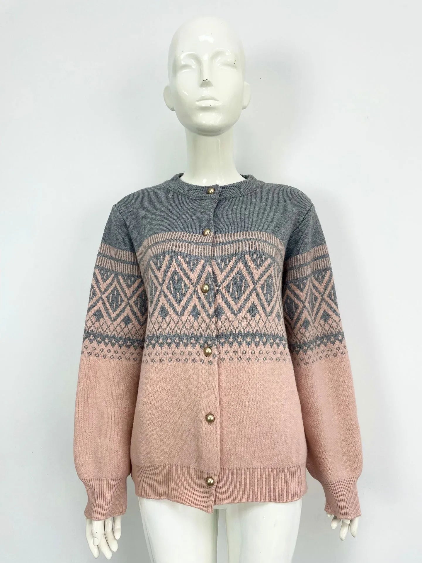 Women's red alpaca wool cardigan with diamond knit pattern and contrast colour detailing