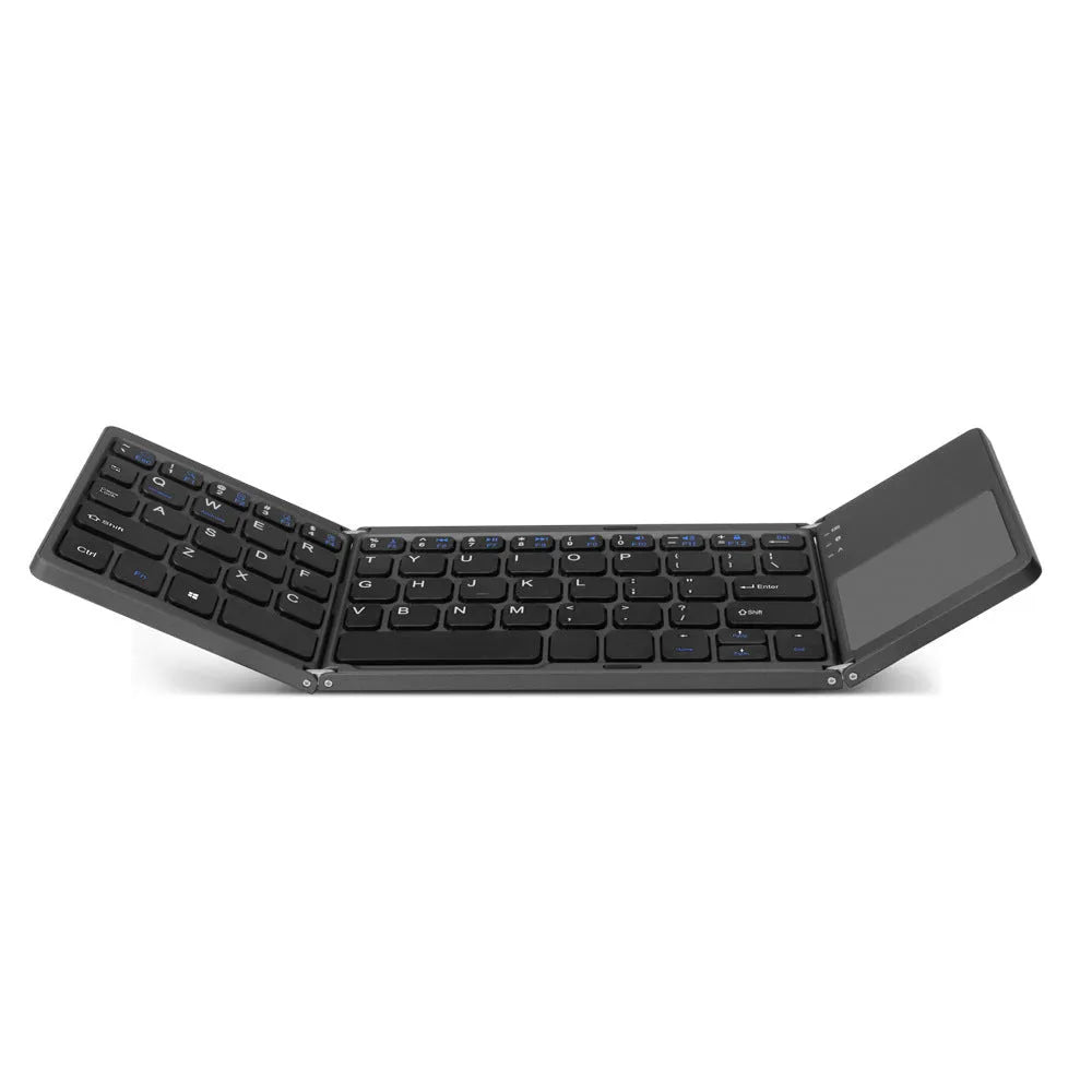 Ultra-thin tri-fold folding touch Bluetooth keyboard shown folded and unfolded with touchpad
