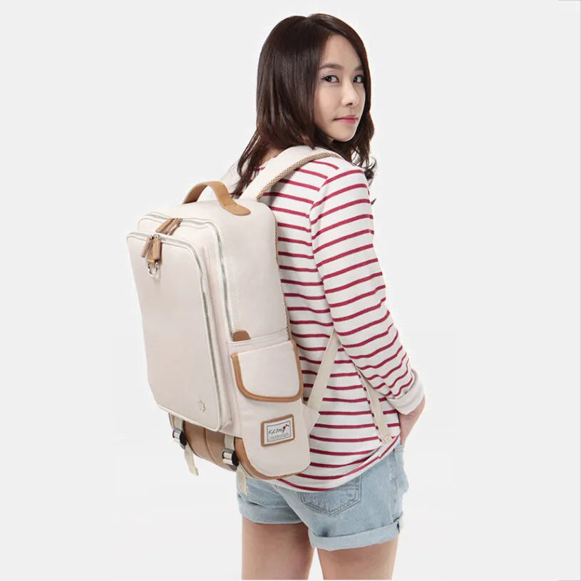 Korean style Oxford cloth men's backpack in seven colour options showing 30cm width by 16cm depth by 46cm height dimensions