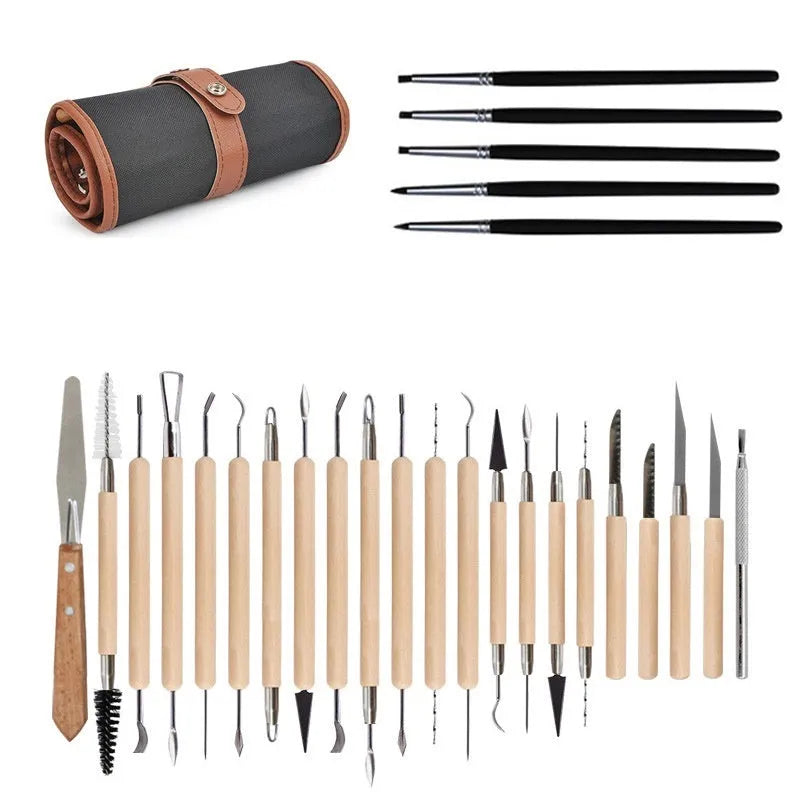27-piece brown pottery clay tool set with wooden, stainless steel and plastic sculpting tools