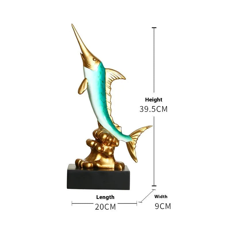 European stylised swordfish resin and plastic decorative ornament on a shelf.