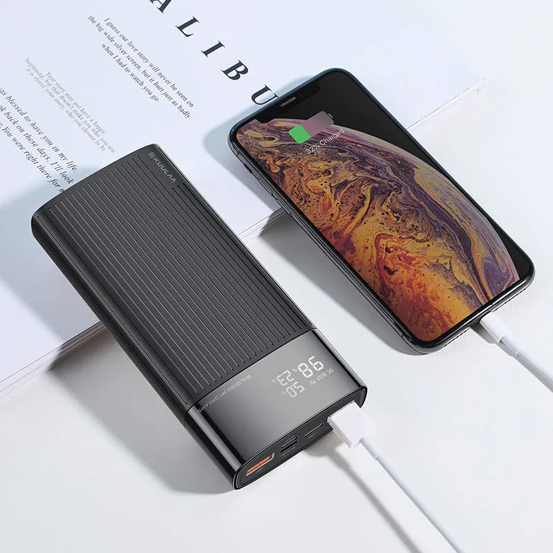 20000mAh two-way fast charge power bank with QC 3.0 and USB PD ports in black