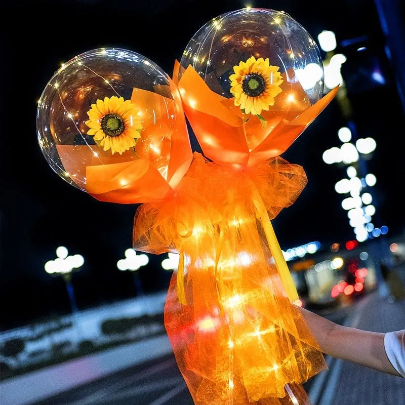 Transparent LED luminous DIY balloon rose bouquet with integrated lights for decoration.