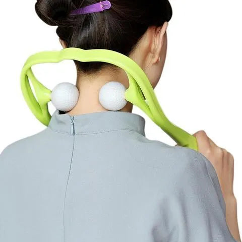 Blue plastic hand-held neck massager with adjustable rollers on a flexible stand.