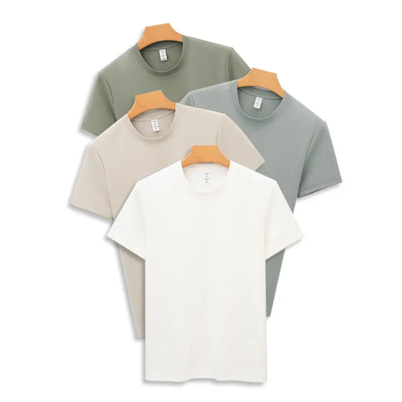 Men's beige short-sleeve antibacterial quick-dry T-shirt laid flat.