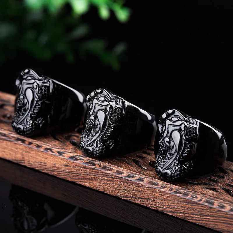 Natural gold sheen obsidian pixiu men's thumb ring alloy band size No19