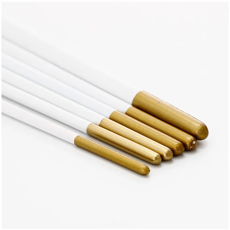 Set of six artist paint brushes with wood handles and synthetic nylon hair on a white background.