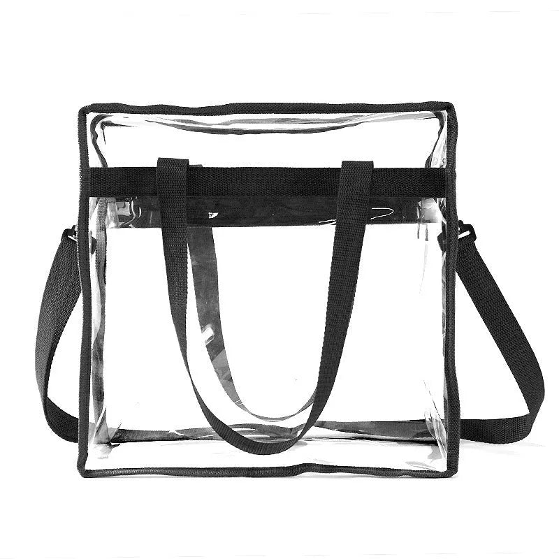 Women's transparent PVC messenger bag with crossbody strap and three-dimensional front pocket.
