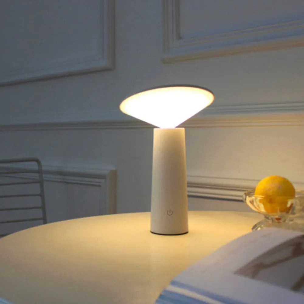 Black and white USB rechargeable LED desk lamp with a touch sensor and adjustable lamp head.