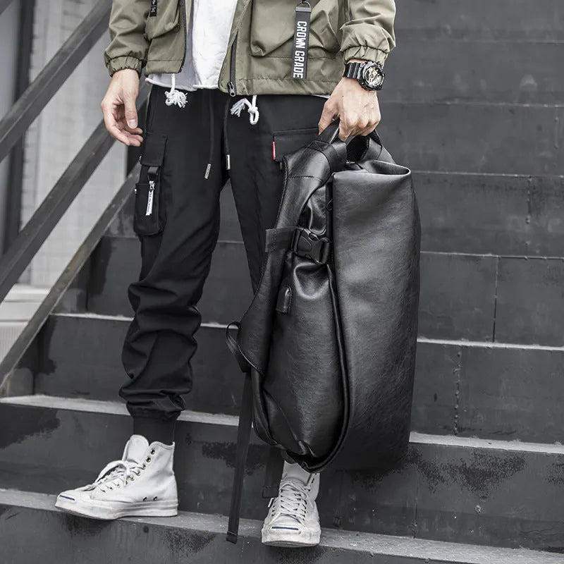Korean men's PU leather shoulder bag black with car suture stitching cover flap square section