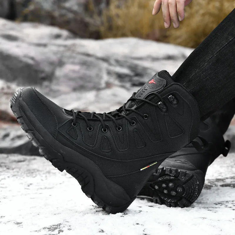 Men's beige cowhide leather hi-top hiking shoes with a platform sole, on a neutral background.