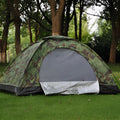 Green camouflage two-person camping tent with mesh windows and steel ground nails