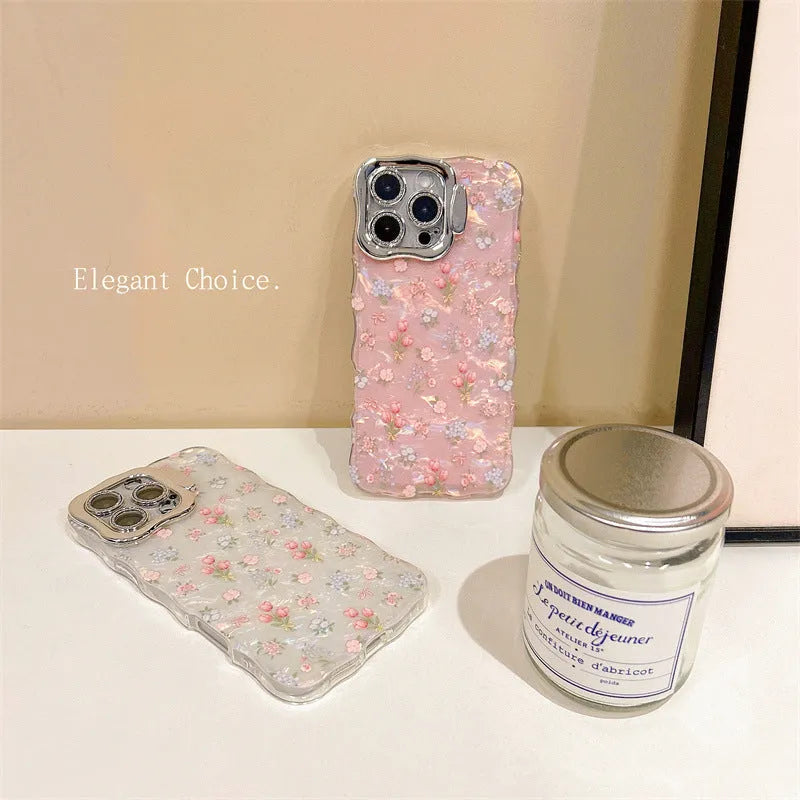 Wave white acrylic iPhone case with embossed floral shell pattern and invisible bracket on a plain background