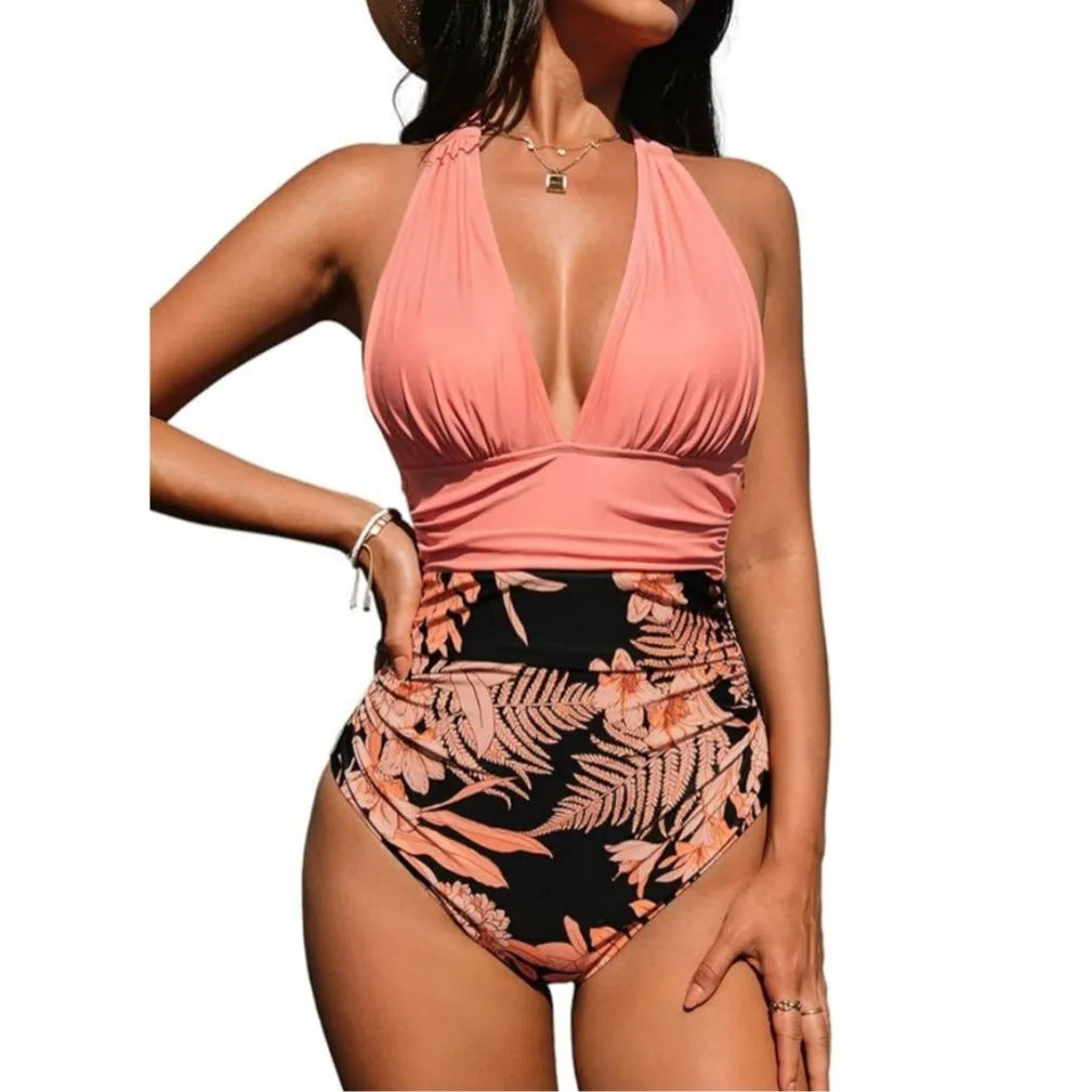 Women's one-piece halter neck swimsuit in quick-dry polyester, showing colour options like pink floral and leopard print.