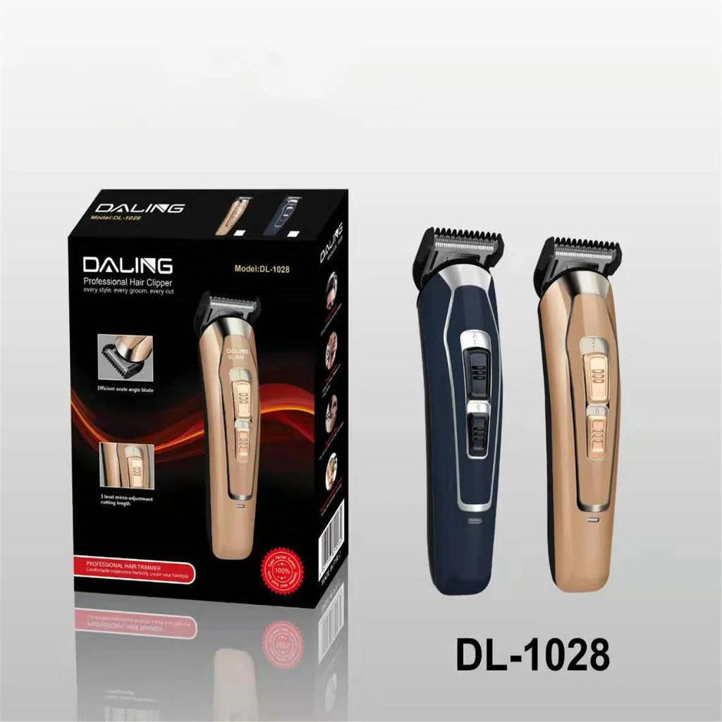 Dark blue and coffee brown rechargeable electric hair clipper on a white background