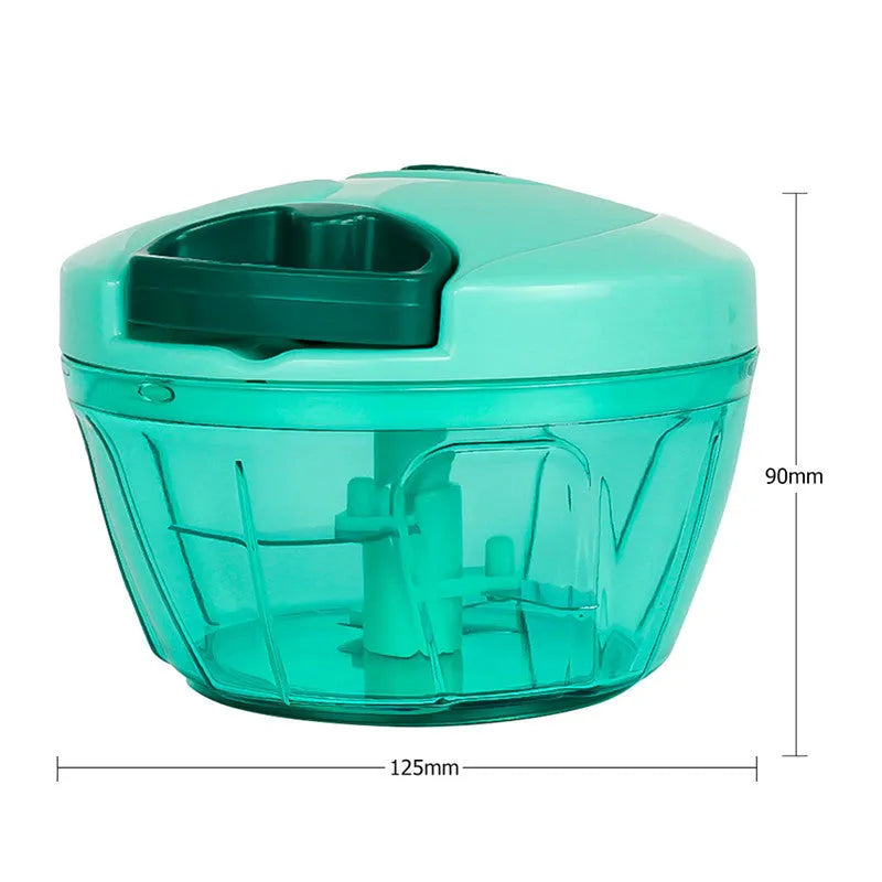 Green manual kitchen chopper with three blades showing 500ml capacity container functionality