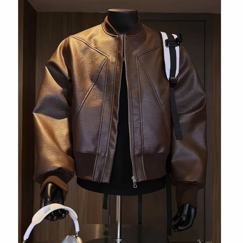 Men's black PU leather jacket with extended 100cm length in tight-fit light business style