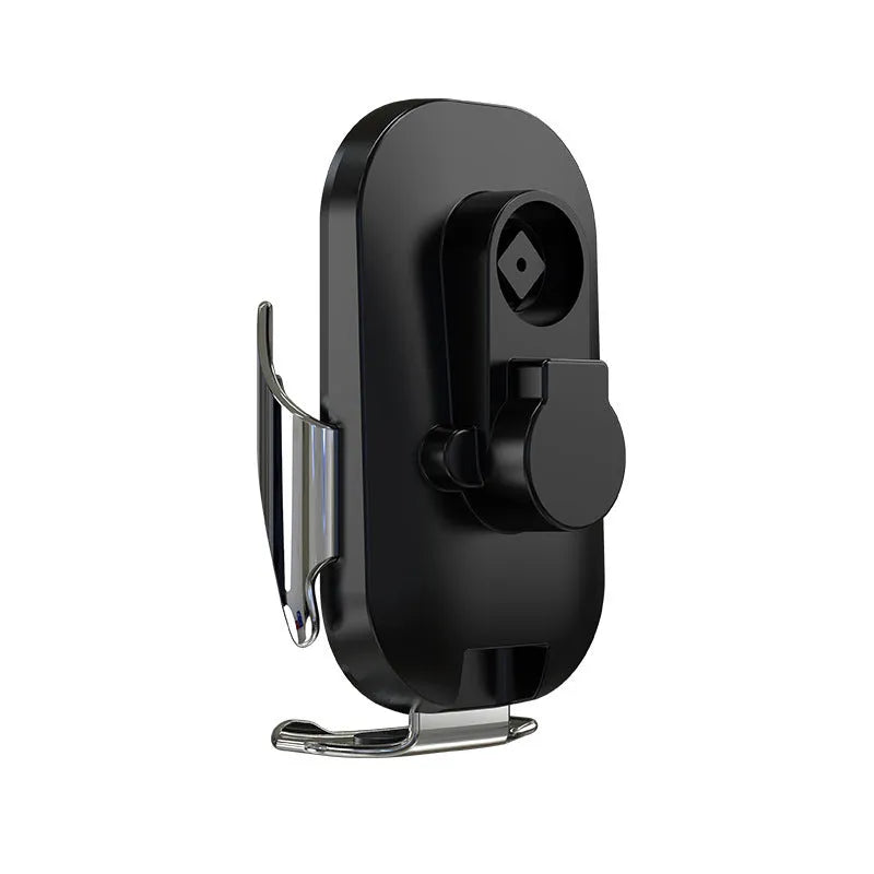 Black 15W smart car phone holder with wireless charging and infrared sensor on car dashboard