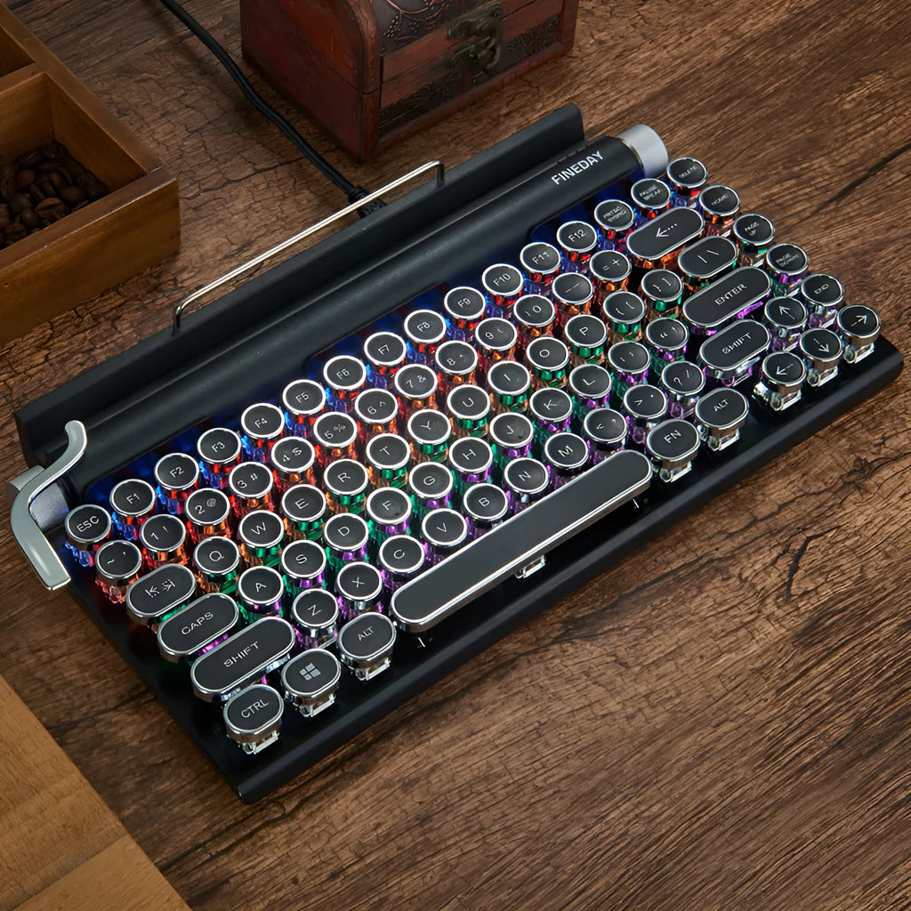 Black retro-style Bluetooth mechanical keyboard with backlit keys on a desk