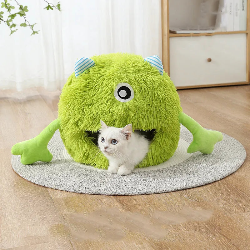 Fluffy round grey cat bed with a non-slip base shown in small, medium, and large sizes.