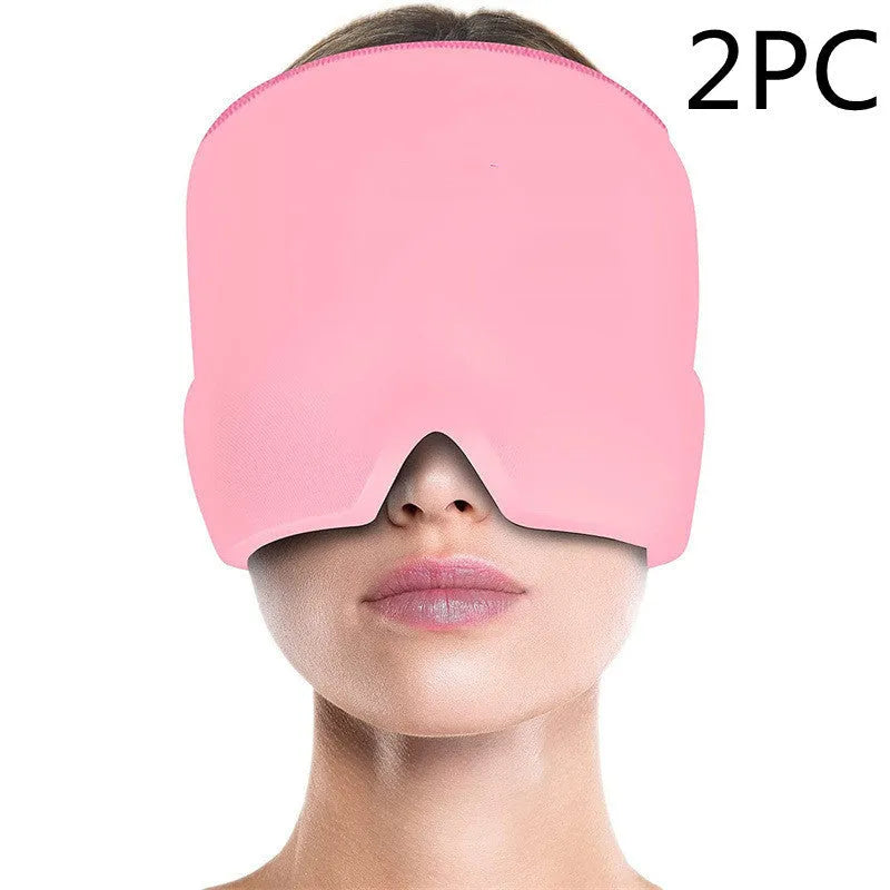 Cold therapy gel eye mask for headache relief in black colour on forehead