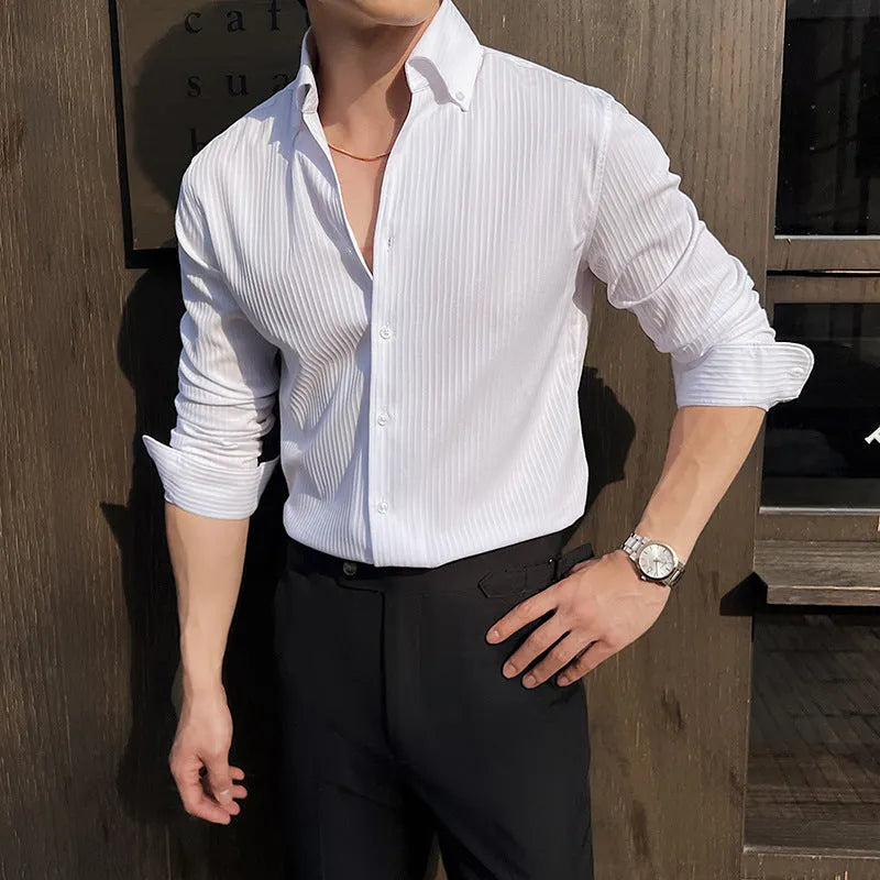 Men's striped V-neck long sleeve casual shirt in a cardigan style, shown in multiple colours.